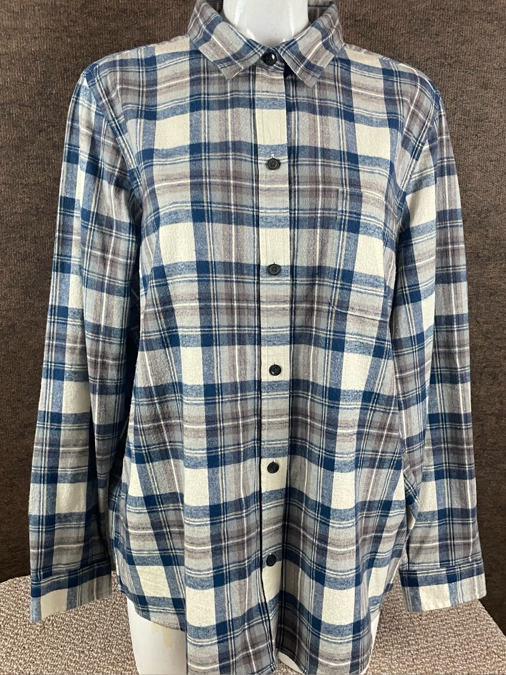 LL Bean Flannel Shirt Plaid Women 1X Plus Blue Brown Cream Relaxed Fit 361
